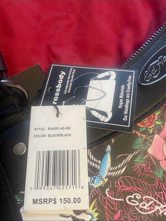 Ed Hardy Black Floral Skull Shoulder Bag with Heart Charm